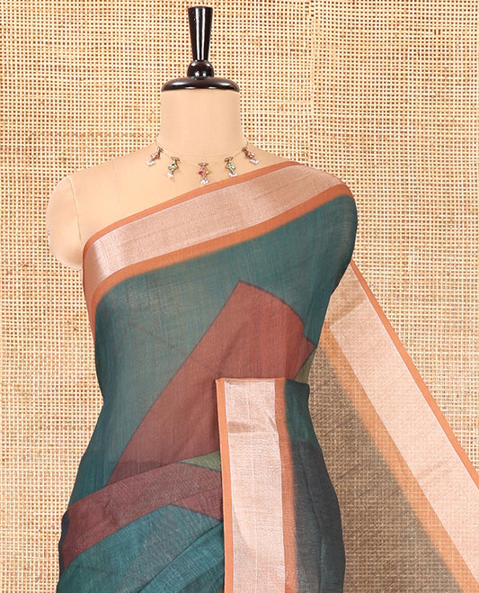 Green Linen Cotton Saree, Elevated with Geometric Print on Its Body, Complemented by Contrast Zari Border, Geometric Printed Pallu, and Paired with a Contrast Blouse