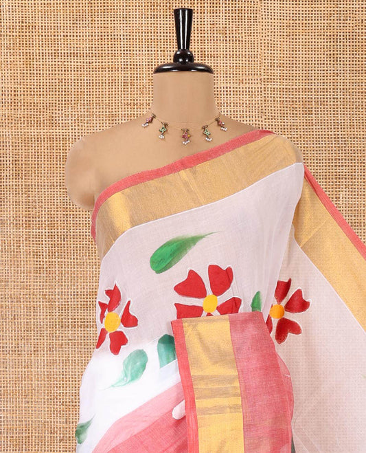 White and Peach  Khadi Mul Cotton Saree, Adorned with Hand-Brush Painting-Style Floral Block Printed Body, a Subtle Gold Zari Border, a Self-Pallu, and Paired with a Matching Blouse