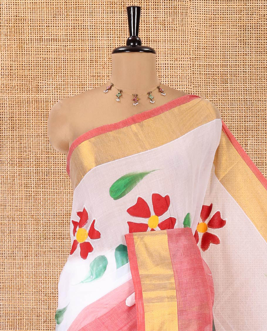 White and Peach  Khadi Mul Cotton Saree, Adorned with Hand-Brush Painting-Style Floral Block Printed Body, a Subtle Gold Zari Border, a Self-Pallu, and Paired with a Matching Blouse
