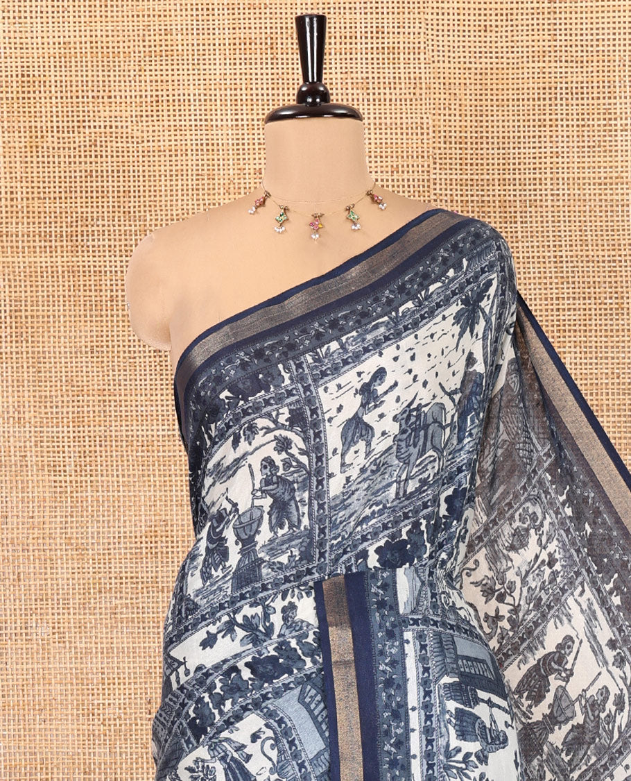 Indigo Blue Muslin Cotton Saree, Artfully Adorned with Village-Themed Agricultural Scene Printed on Its Body, a Subtle Border, Striped Pallu, and Paired with a Matching Blouse