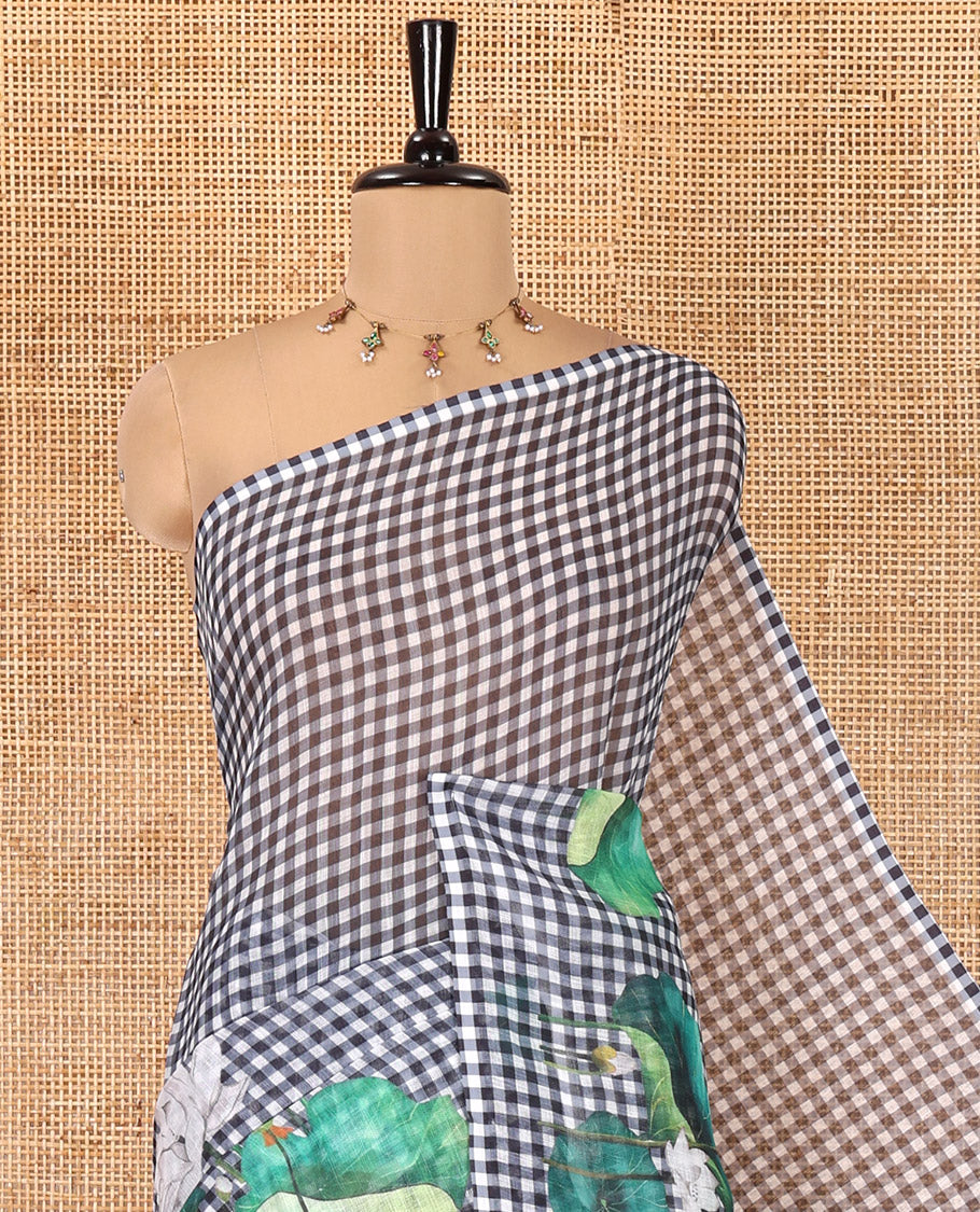 Borderless Black Linen Cotton Saree, Embellished with Micro-Checks and Pichwai Lotus Print, a Subtle Pallu, and a Matching Blouse