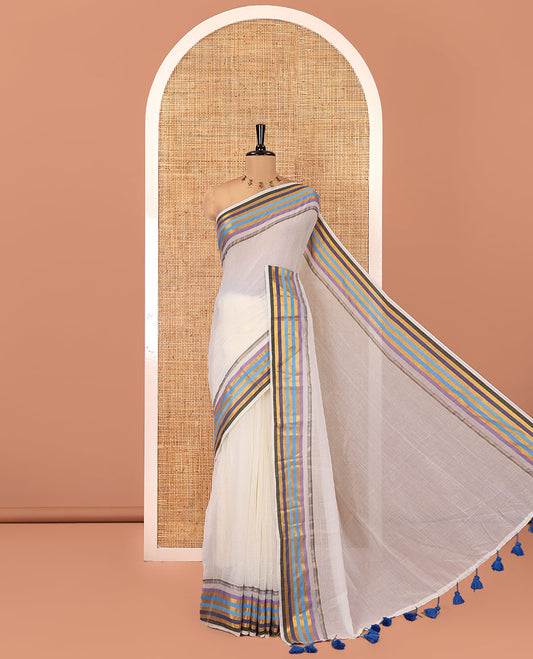 Cream Khadi Mul Cotton Saree, Complemented by a Contrast Multi-Colored Horizontal Zari Striped Border, a Plain Pallu, and Has No Blouse