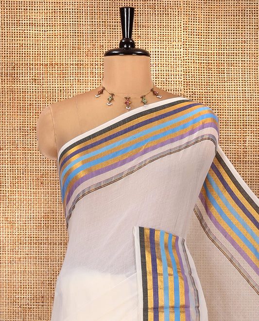 Cream Khadi Mul Cotton Saree, Complemented by a Contrast Multi-Colored Horizontal Zari Striped Border, a Plain Pallu, and Has No Blouse