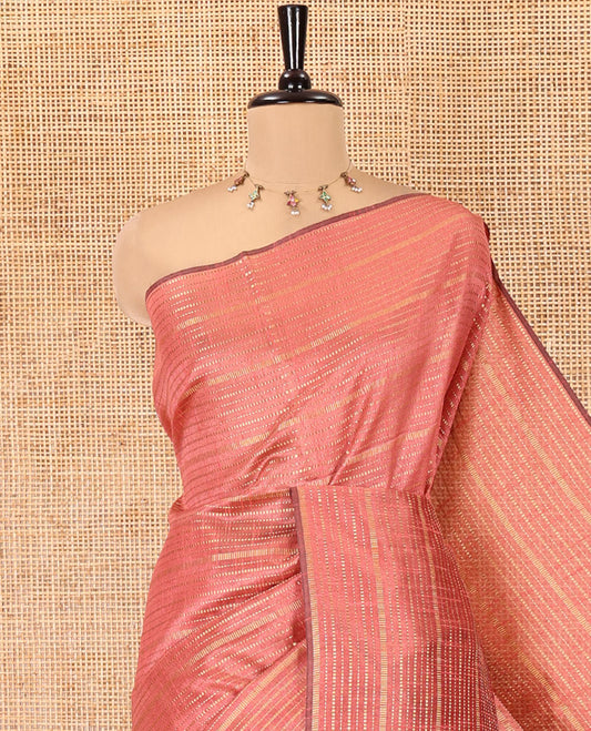 Borderless Onion Pink Semi-Raw Silk Saree, Embellished with Muthu Stripes on Its Body, Complemented by a Contrast Zari Striped Pallu, and Paired with a Contrast Blouse