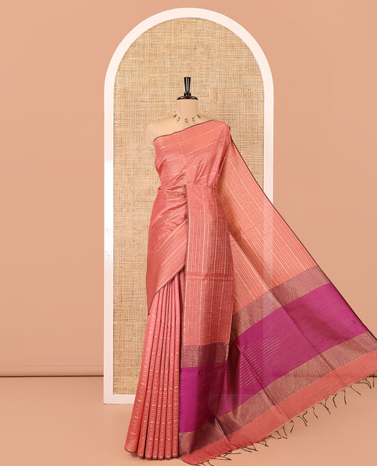 Borderless Onion Pink Semi-Raw Silk Saree, Embellished with Muthu Stripes on Its Body, Complemented by a Contrast Zari Striped Pallu, and Paired with a Contrast Blouse