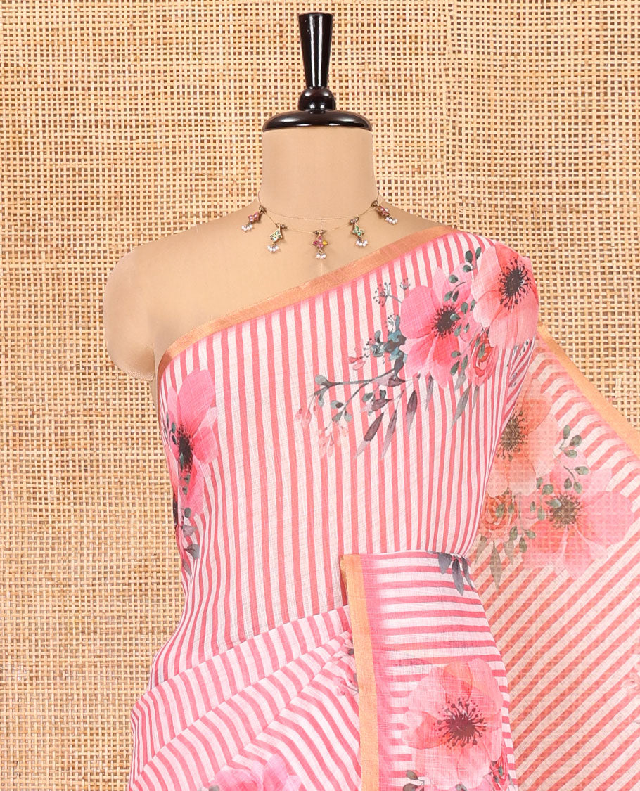 Pink Linen Cotton Saree, Subtly Sparkled With Vertical Stripes, and Floral Motifs Print, A Subtle Piping Border, Floral Printed Pallu and a Matching Blouse