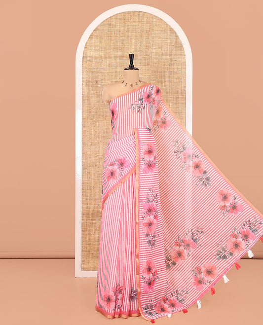 Pink Linen Cotton Saree, Subtly Sparkled With Vertical Stripes, and Floral Motifs Print, A Subtle Piping Border, Floral Printed Pallu and a Matching Blouse