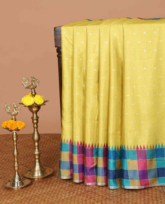 Yellow thousand butta zari design kathan silk saree with checks border & checks design pallu & checks blouse