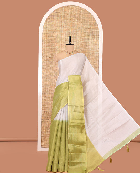 Borderless Lime Green Plain Tissue Saree, a Self-Pallu with Tassels, and a Matching Blouse