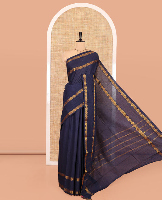 Navy Blue Plain Sungudi Cotton Saree, Highlighted by Traditional Rettai Pettu Rudraksham Border, Striped Pallu, and a Matching Blouse