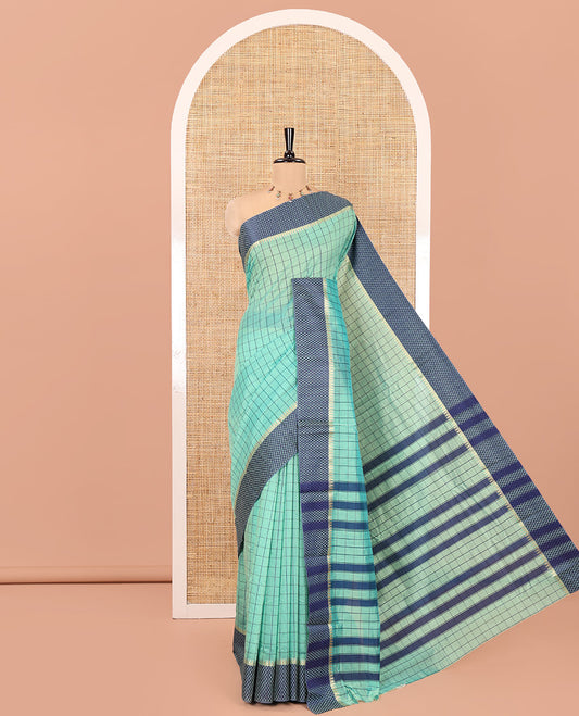 Sea Green Checked Mercerised Cotton Saree, Contrast Temple Ara Maadam Border, Striped Pallu, and Matching Blouse