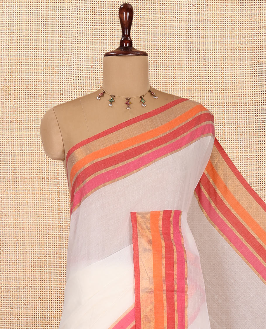 Cream Plain Khadi Mul Cotton Saree, Complemented by Contrast Zari Border, a Self-Pallu, and No Blouse
