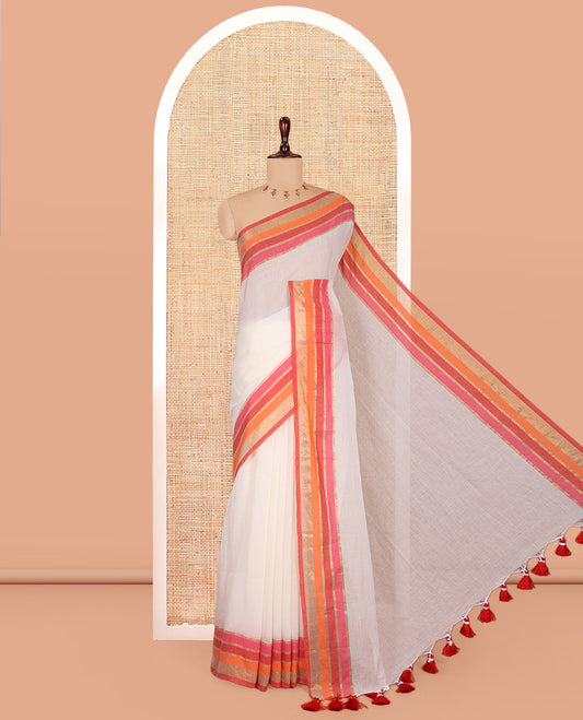 Cream Plain Khadi Mul Cotton Saree, Complemented by Contrast Zari Border, a Self-Pallu, and No Blouse