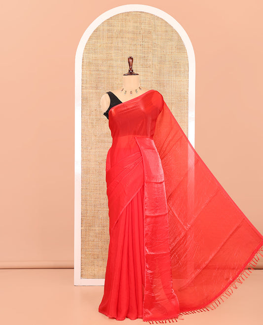 Borderless Red Plain Fendi Chiffon Saree, a Self-Pallu, and a Matching Peacock Embroidered Blouse
