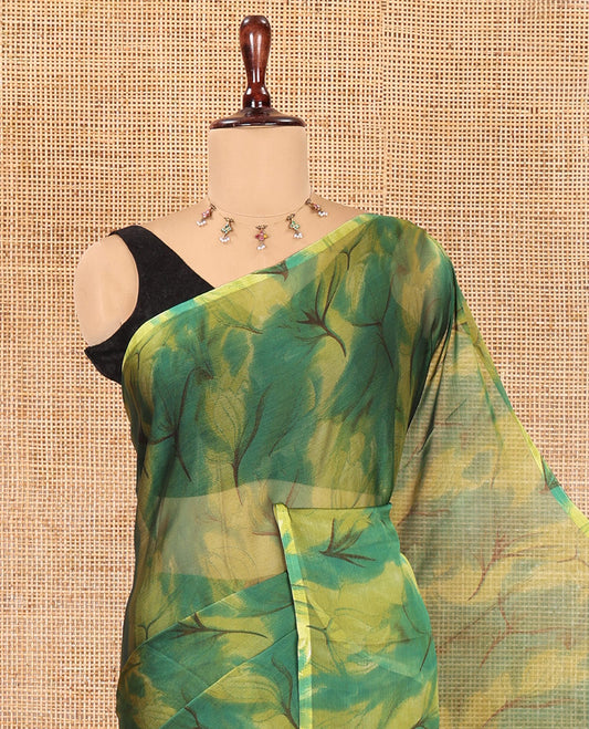 Borderless Green Rangoli Chiffon Saree, Accentuated with All-Over Abstract Print, and Comes Without Blouse