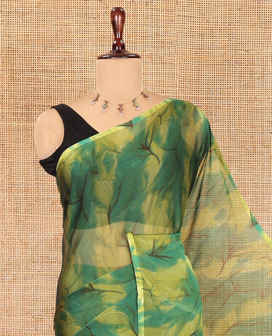 Borderless Green Rangoli Chiffon Saree, Accentuated with All-Over Abstract Print, and Comes Without Blouse