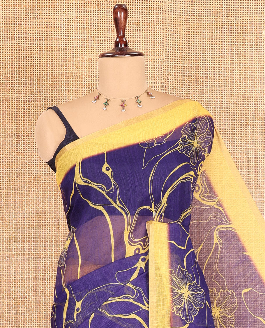 Royal Blue Abstract Printed Linen Cotton Saree, Complemented by a Contrast Border, Floral Printed Pallu, and a Contrast Blouse