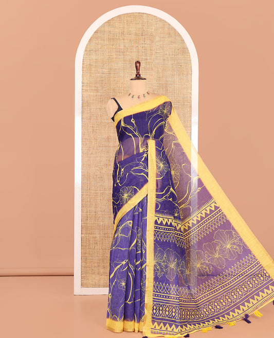 Royal Blue Abstract Printed Linen Cotton Saree, Complemented by a Contrast Border, Floral Printed Pallu, and a Contrast Blouse