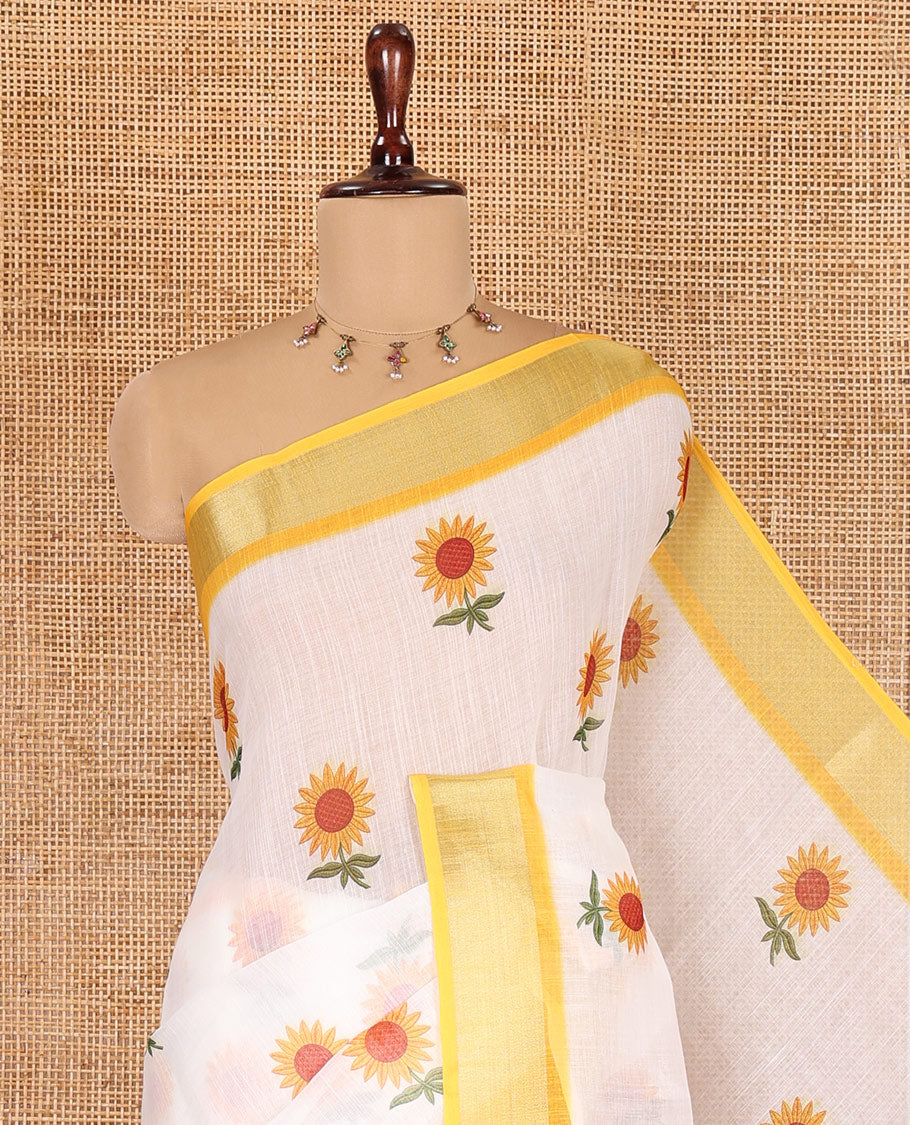 White-Yellow Linen Cotton Saree, Prettified with Sunflower Print, a Contrast Border, and a Contrast Blouse