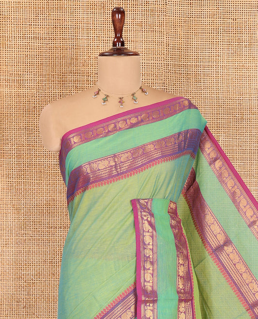 Sea Green Plain Chettinad Cotton Saree, Complemented by a Contrast Rettai Pettu Traditional Border,  Striped Pallu, and Matching Blouse