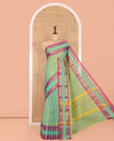 Sea Green Plain Chettinad Cotton Saree, Complemented by a Contrast Rettai Pettu Traditional Border,  Striped Pallu, and Matching Blouse