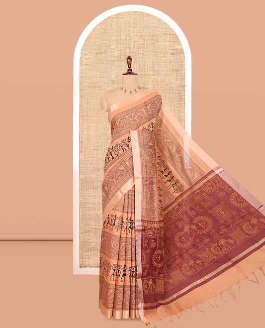 Beige Semi-Silk Cotton Saree, Adorned with Warli Print, a Tissue Border, Contrast Warli Printed Pallu, and a Contrast Blouse