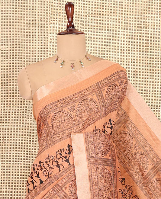 Beige Semi-Silk Cotton Saree, Adorned with Warli Print, a Tissue Border, Contrast Warli Printed Pallu, and a Contrast Blouse