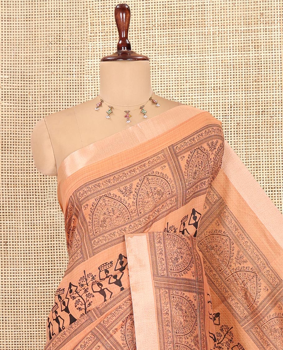 Beige Semi-Silk Cotton Saree, Adorned with Warli Print, a Tissue Border, Contrast Warli Printed Pallu, and a Contrast Blouse