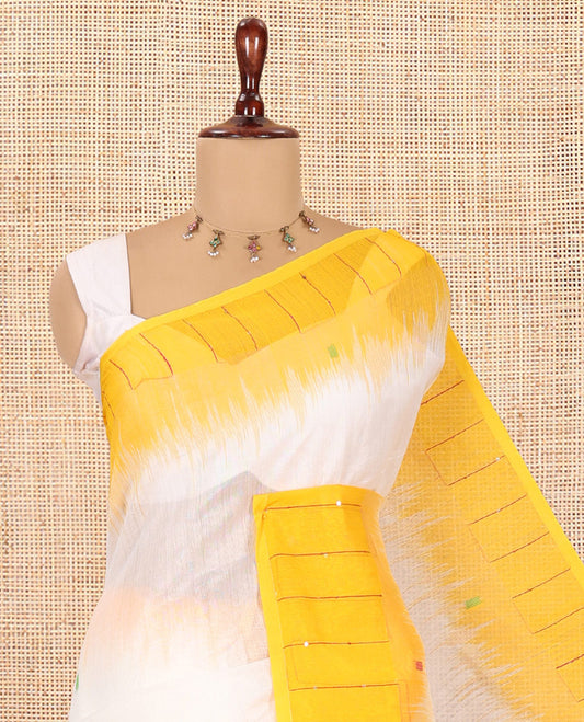 Cream-Yellow Khadi Cotton Saree, Subtly Woven with Buttas, Contrast Sequins Striped Blouse, Contrast Blouse