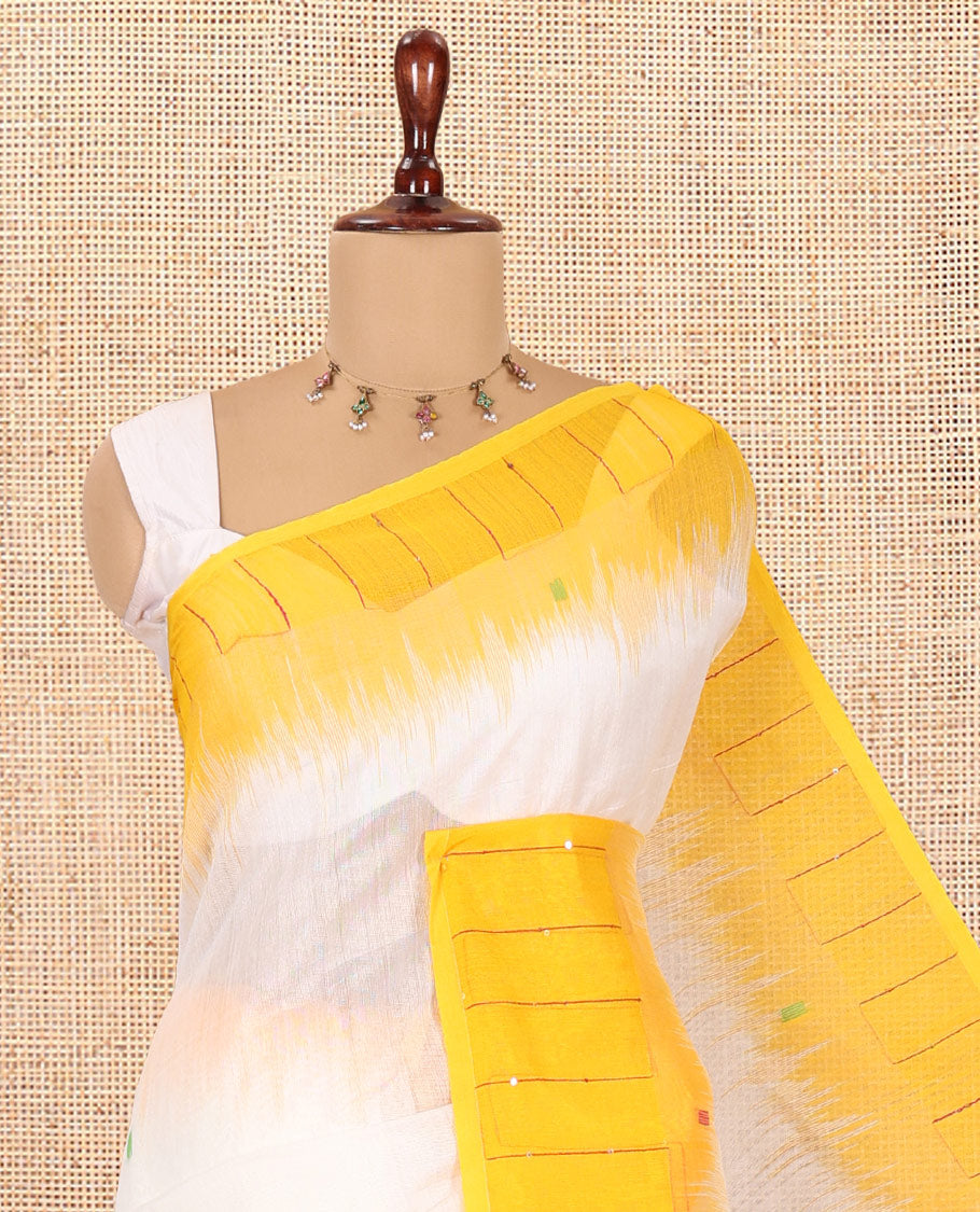 Cream-Yellow Khadi Cotton Saree, Subtly Woven with Buttas, Contrast Sequins Striped Blouse, Contrast Blouse