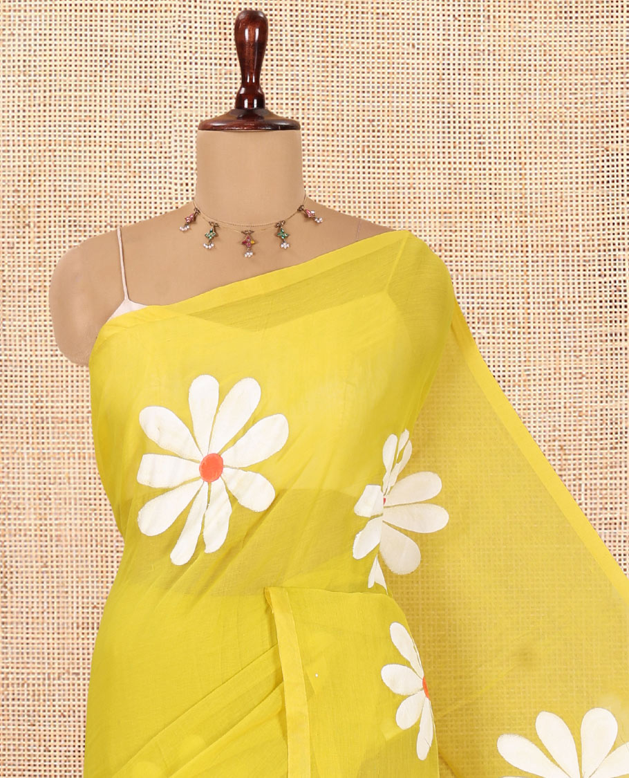 Borderless Lemon Yellow Daisy Flower Printed Khadi Mul Cotton Saree Without Blouse