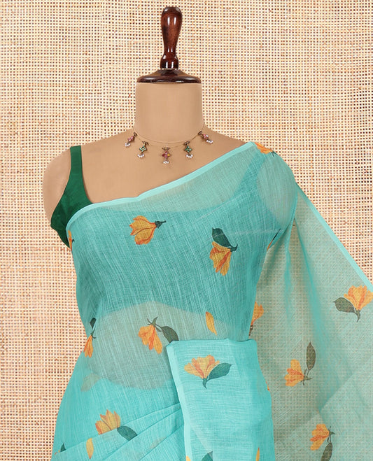 Borderless Rama Floral Motif Printed Linen Cotton Saree Comes with a Contrast Printed Blouse