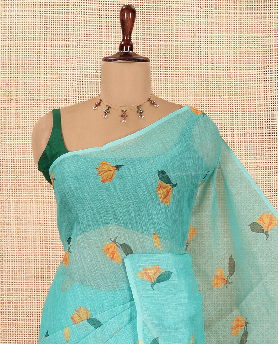 Borderless Rama Floral Motif Printed Linen Cotton Saree Comes with a Contrast Printed Blouse