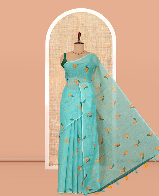 Borderless Rama Floral Motif Printed Linen Cotton Saree Comes with a Contrast Printed Blouse