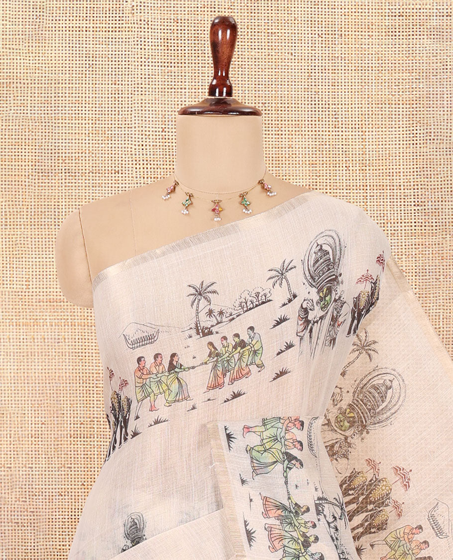 Cream Tissue Saree Features Kerala Kathakali-Themed Print, a Zari Border, Kerala-Theme Pallu, and Matching Blouse
