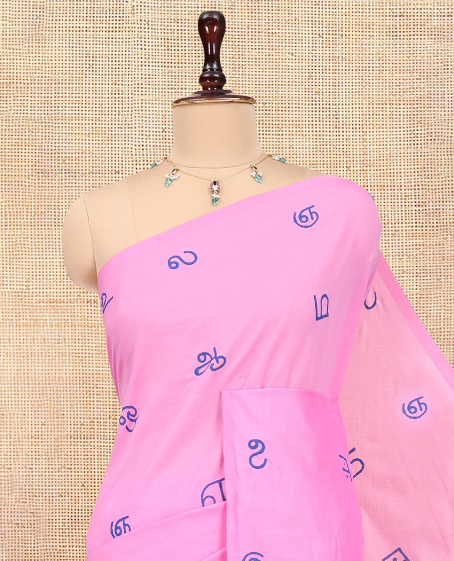 Borderless Pink South Cotton Saree, Steeped with Tamil Letters Print, Has a Matching and Contrast Block Printed Blouse