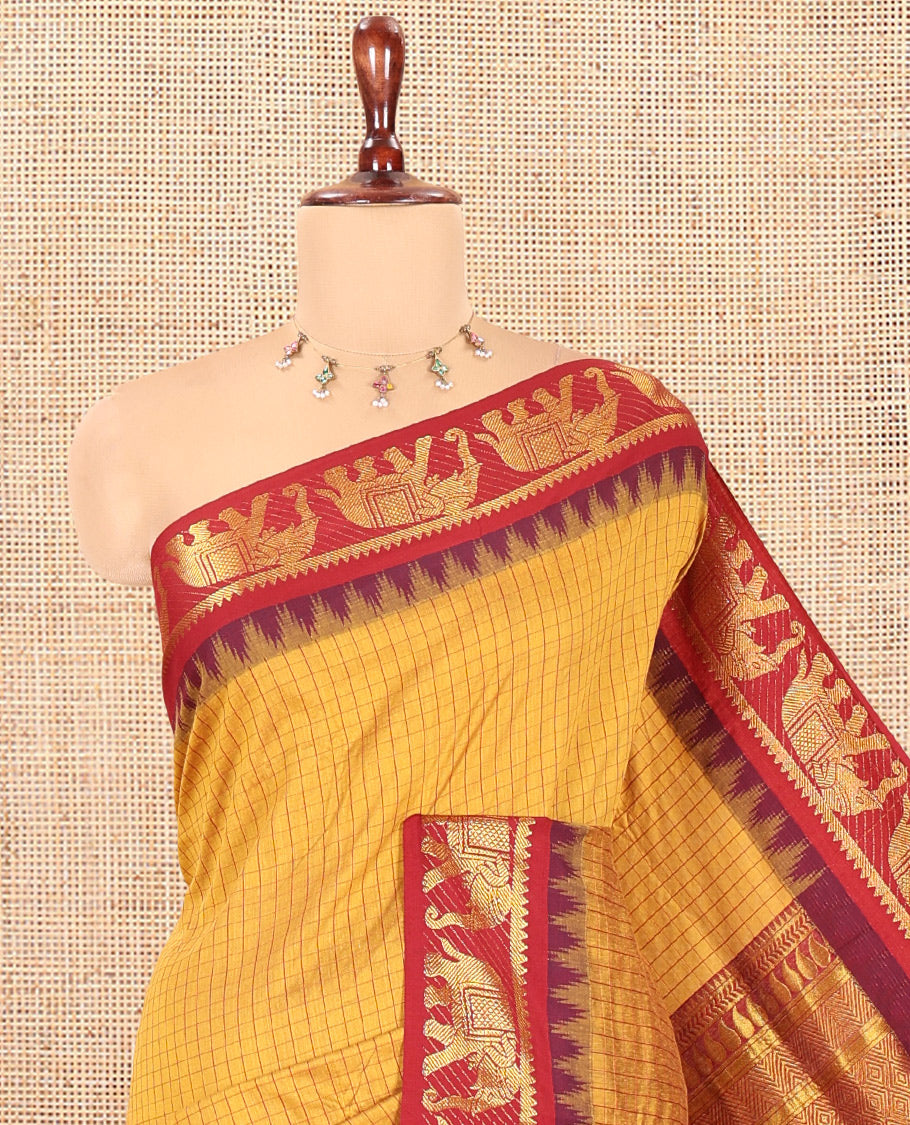 Mustard Checked Kalyani Cotton Saree, a Contrast Temple Elephant Motif Border, Grand Jaal Pallu, and a Contrast Blouse
