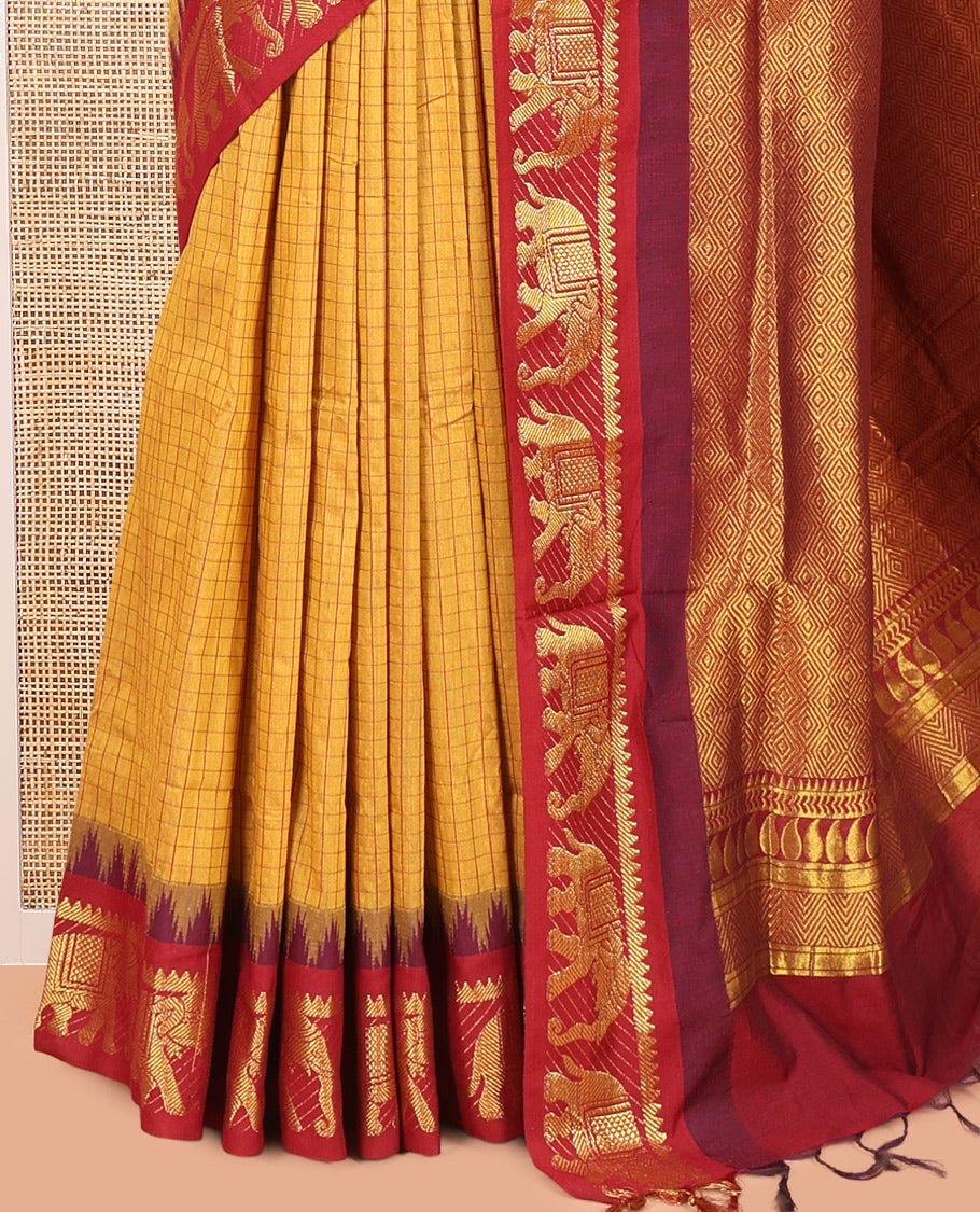 Mustard Checked Kalyani Cotton Saree, a Contrast Temple Elephant Motif Border, Grand Jaal Pallu, and a Contrast Blouse