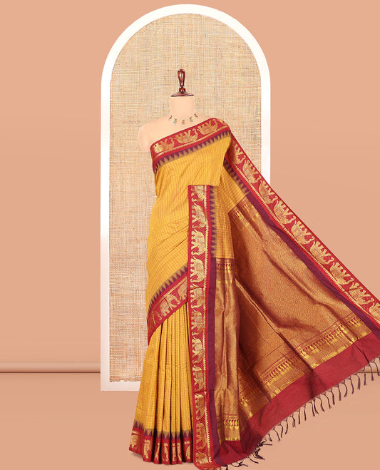 Mustard Checked Kalyani Cotton Saree, a Contrast Temple Elephant Motif Border, Grand Jaal Pallu, and a Contrast Blouse