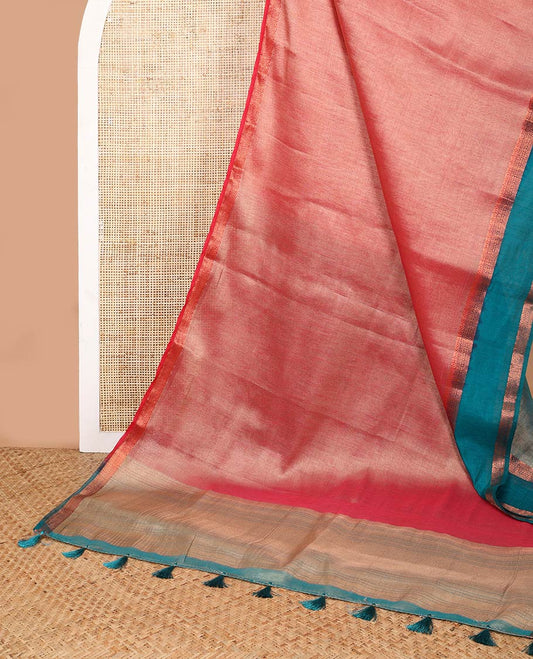 Pink kicha tissue saree with contrast zari bentex border & zari pallu along with contrast blouse