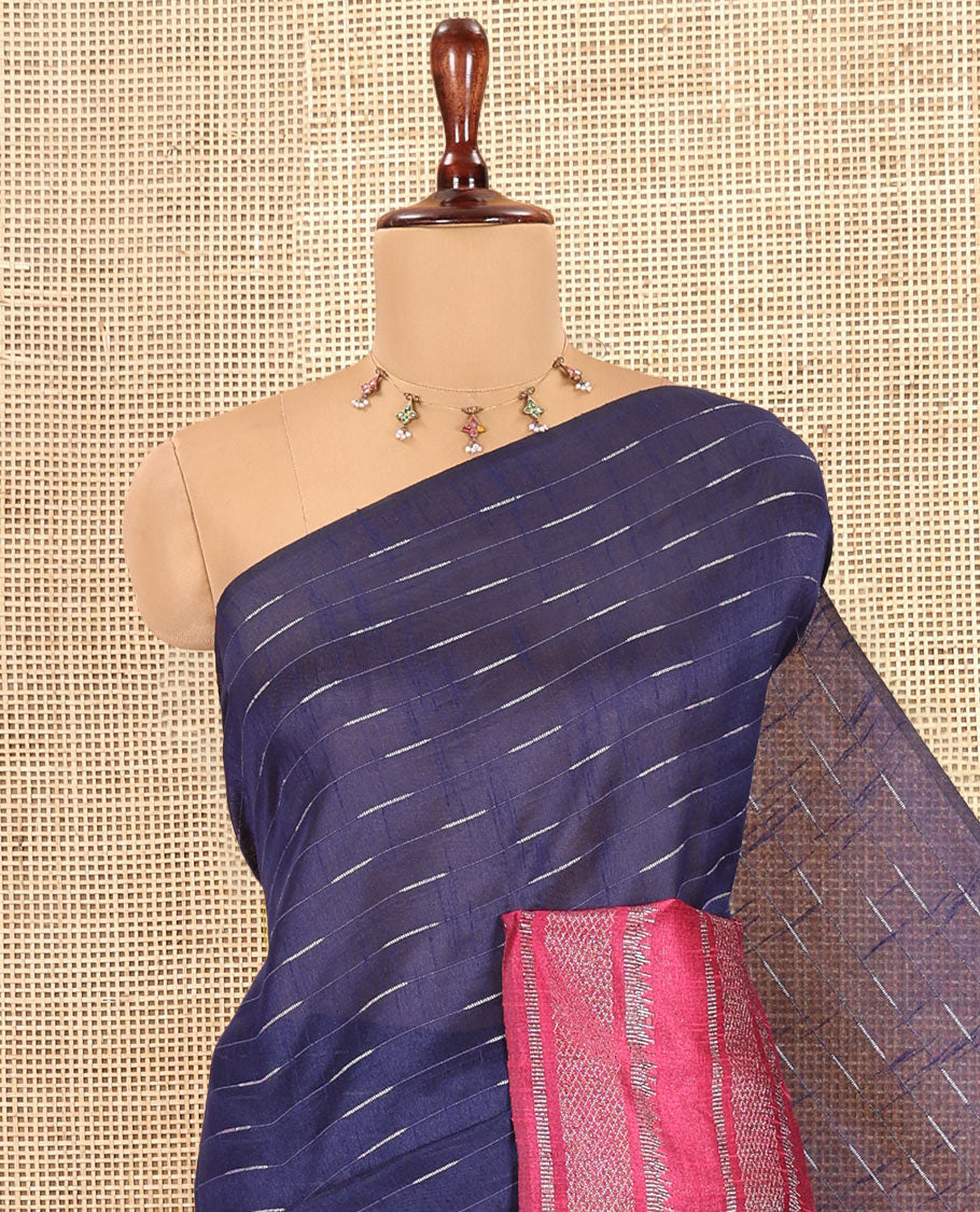 Navy Blue-Pink Semi-Raw Silk Saree, Subtly Sparkled with Thread Stripes, a Contrast Traditional Zari Border, Checked Pallu, and a Contrast Blouse