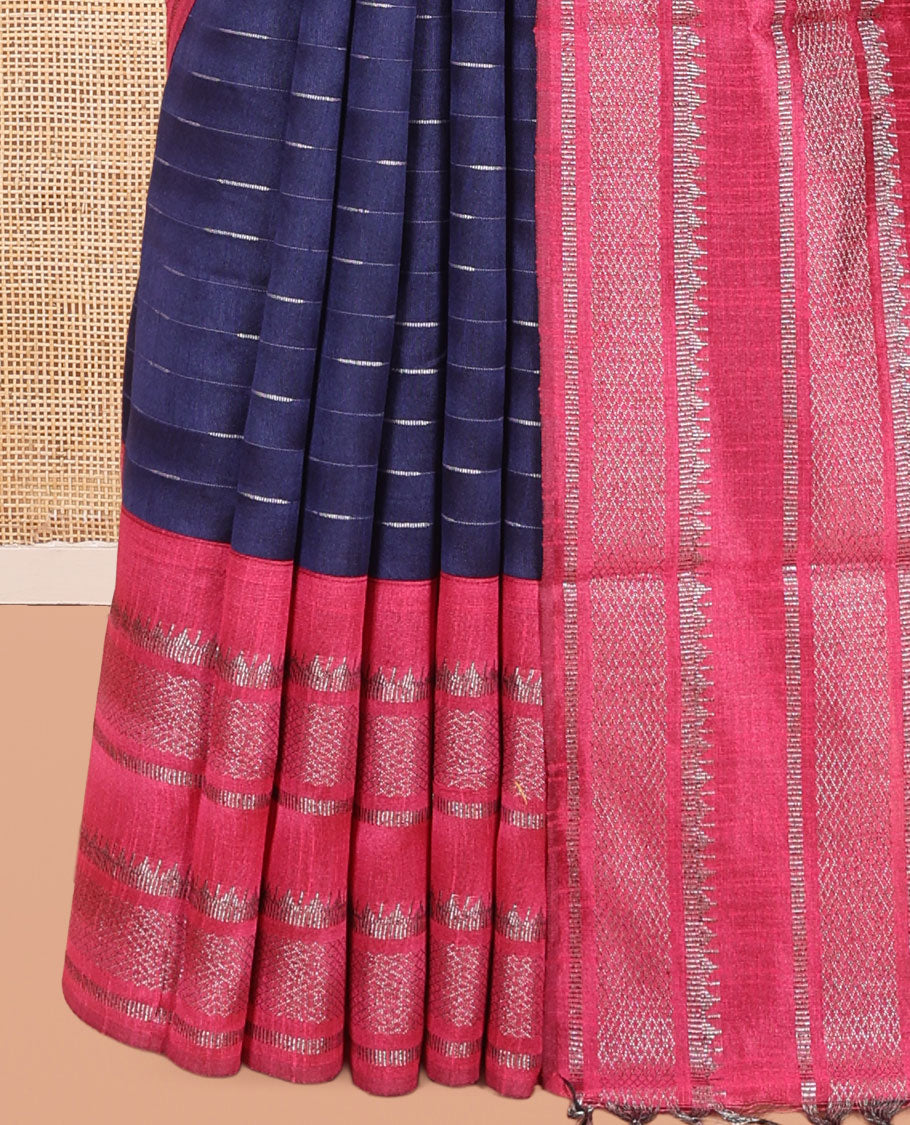 Navy Blue-Pink Semi-Raw Silk Saree, Subtly Sparkled with Thread Stripes, a Contrast Traditional Zari Border, Checked Pallu, and a Contrast Blouse