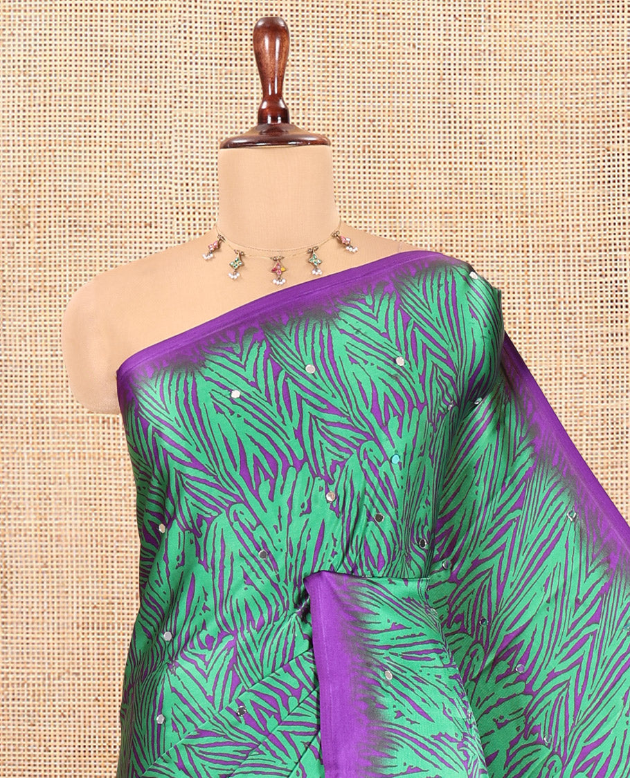 Green Satin Crepe Saree, Bedecked with Zebra Print and Mirror Work, a Contrast Border, Paisley Printed Pallu, a Contrast Blouse