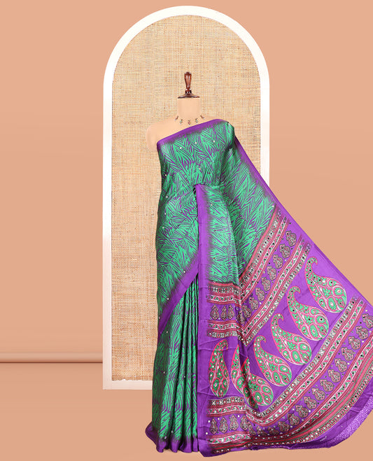 Green Satin Crepe Saree, Bedecked with Zebra Print and Mirror Work, a Contrast Border, Paisley Printed Pallu, a Contrast Blouse