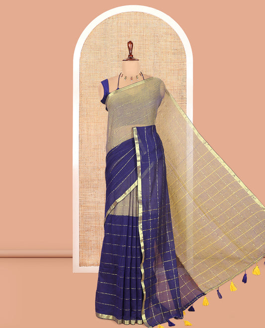 Mehendi-Blue Khadi Mul Cotton Saree