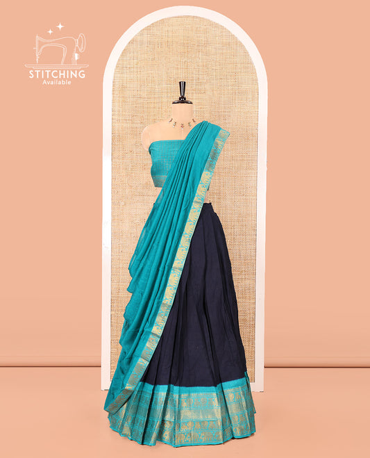 Blue and Green Plain Sungudi Cotton Half-saree, Complemented by Captivating Contrast Traditional Zari Border of Temple, Peacock, and Elephant Designs, Paired with a Contrast Zari Checked Blouse, and Comes with a Zari-Bordered Vichitra Silk Dhavani
