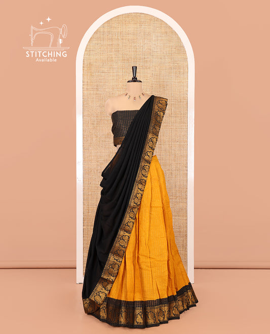 Mustard-Black Sungudi Cotton Half-Saree Set, Elevated with Zari-Checked Skirt, Contrast Peacock Border, Contrast Blouse, and Syska Georgette Dupatta