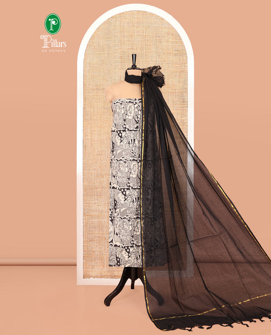 Chikku-Black Cotton Material Churidar Features Butta-Enclosed Checked Top, Contrast Bottom, and Contrast Dupatta