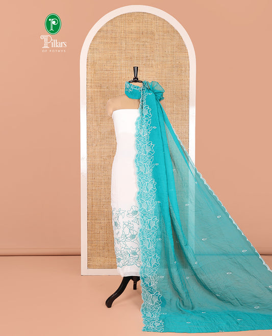 Cream-Firozi Blue Organza Material Chudidar, Floral Thread Embroidery Top, Contrast Bottom, and Embroidered Scallop Dupatta