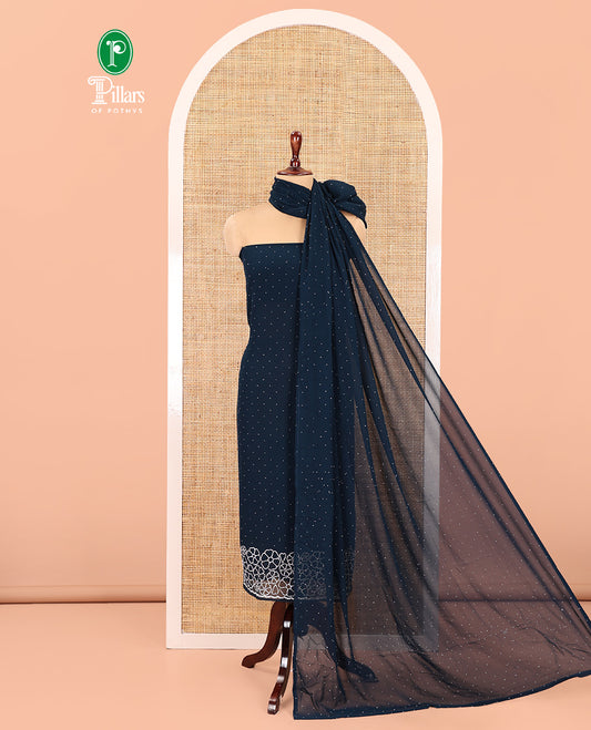 Peacock Blue Material Chudidar Set, Enriched with Swarovski Stonework and Floral Fox Georgette Top, a Plain Bottom, and Stonework Dupatta